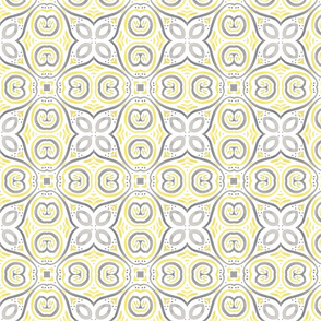 Lacey Yellow and Grey Quatrefoils on White