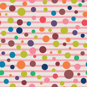 Colorful polka dots on pink stripes