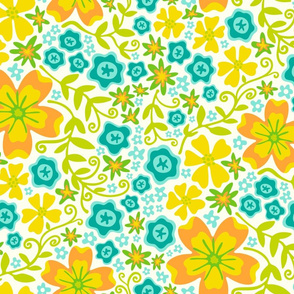 Boho Floral Summer Botanical in Bright Yellow Orange Green Turquoise Blue on White - LARGE Scale - UnBlink Studio by Jackie Tahara