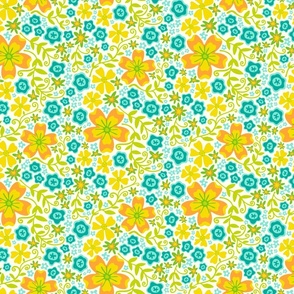 Boho Floral Summer Botanical in Bright Yellow Orange Green Turquoise Blue on White - SMALL-Scale - UnBlink Studio by Jackie Tahara