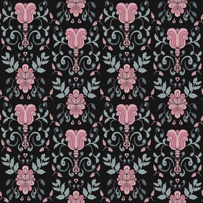  Elegant Rococo Floral - Pink Green on Charcoal Black