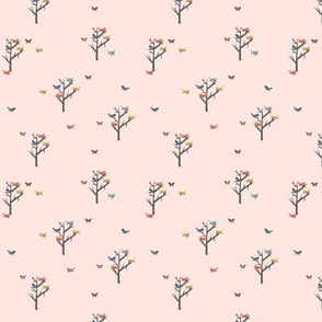 Pink Fabric with Trees and Birds Design