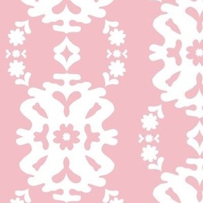 437 - Large scale pale Pink and white scandi style medallion: modern damask style, suited for home furnishings and apparel