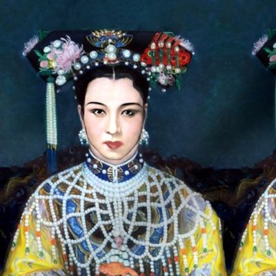 1 east asian china chinese manchu oriental chinoiserie empress queen dowager cixi inspired beautiful lady woman headwear headdress headgear hat pearls beads flowers floral necklace earrings robes yellow royalty historical portraits throne tassels mandarin
