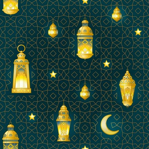Ramadan lanterns. Arabic geometry ornaments on dark