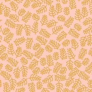 Small Tossed Branches in Golden Mustard Yellow on Peachy Pink