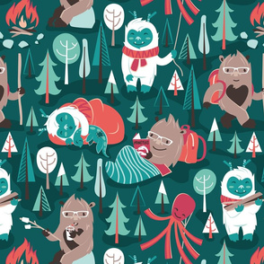 Normal scale // Besties // green background white Yeti brown Bigfoot aqua mint and teal pine trees red and coral details