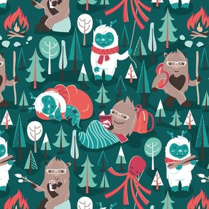 Small scale // Besties // green background white Yeti brown Bigfoot aqua mint and teal pine trees red and coral details
