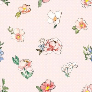 cottage blooms on blush polka dots