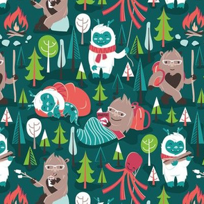 Small scale // Besties // green background white Yeti brown Bigfoot aqua yellow green and teal pine trees red and coral details