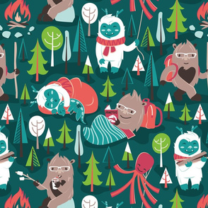 Normal scale // Besties // green background white Yeti brown Bigfoot aqua yellow green and teal pine trees red and coral details