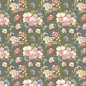 cottage florals on gray brown green 