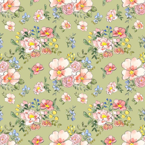 cottage florals on muted green 