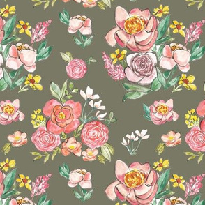 cottage garden florals on dull green 