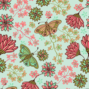 Summer Breeze Butterfly and Floral in Mint Olive Green Pink Blush - LARGE-Scale - UnBlink Studio by Jackie Tahara