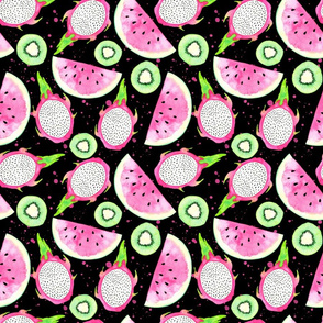 Watermelon, Dragon Fruit and Kiwi Fruit in Black Small