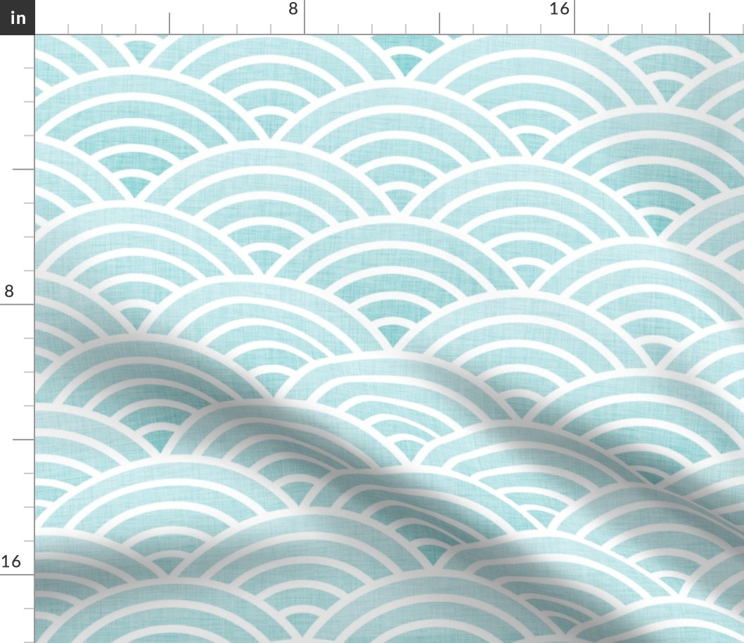 Japanese Rainbow Waves Light Turquoise with Linen Texture Large- Coastal Grandma- Sea- Surf- Ocean- Geometric Waves- Summer- Beach