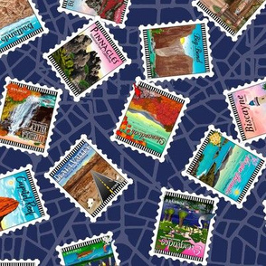 National Park Tossed Postage Stamps Blue