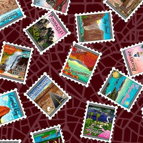 National Park Tossed Postage Stamps Burgundy