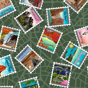 National Park Tossed Postage Stamps Green