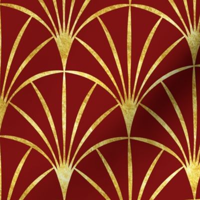 Art Deco red burgundy thin gold fans Wallpaper
