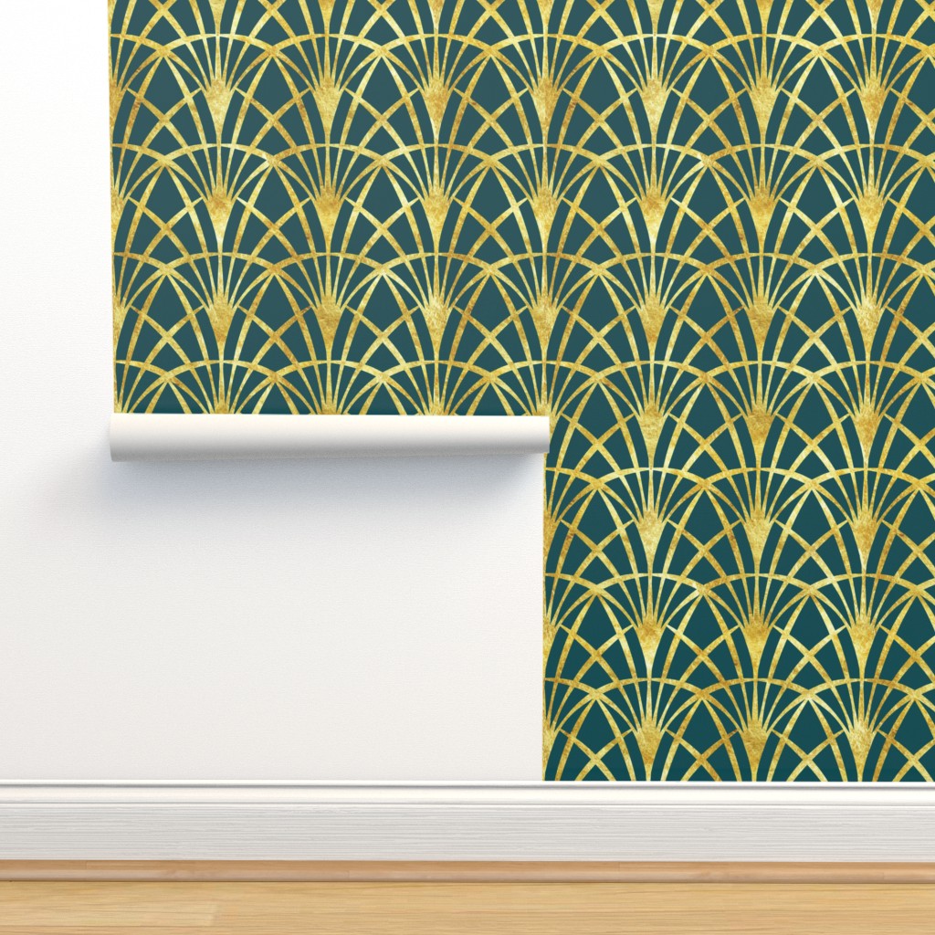 Art Deco emerald green gold lace thin fans Wallpaper