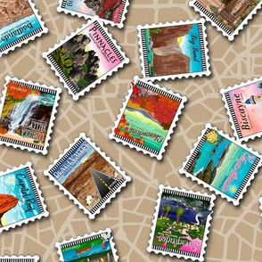 National Park Tossed Postage Stamps Tan