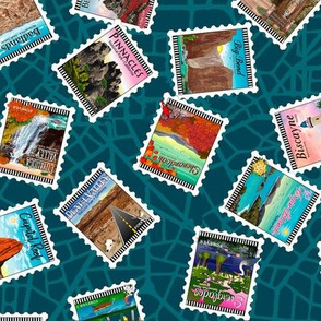 National Park Tossed Postage Stamps Teal