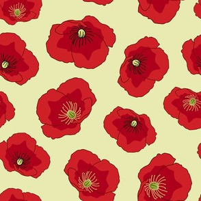 Bright poppies on yellow background