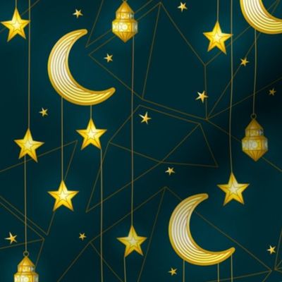 Ramadan lantern and gold crescent. Arabic Ornaments