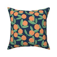 Citrus summer garden fruit and leaves botanical branch tropical spring design navy blue orange green