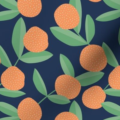 Citrus summer garden fruit and leaves botanical branch tropical spring design navy blue orange green