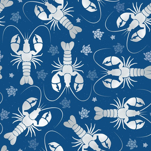 silver lobsters and tiny turtles on blue | large