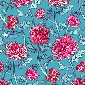 Magenta Chrysanthemum Watercolor & Pen Pattern - Blue - Large Scale