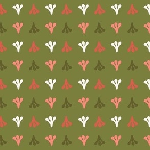 279 - Small scale modern fleur de lis  -  coral and green buds symmetrical linear. Suitable for patchwork, crafting, quilting, kids apparel, baby accessories, and pet beds