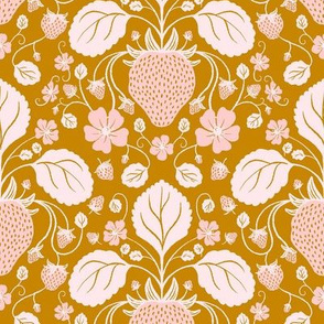 Strawberry Damask in Blush Pink on Gold - Medium