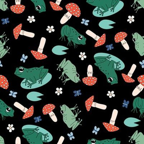 Frog and toadstool fabric - cute cottagecore design - black