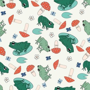 Frog and toadstool fabric - cute cottagecore design - Cream