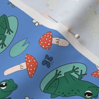 Frog and toadstool fabric - cute cottagecore design - Blue