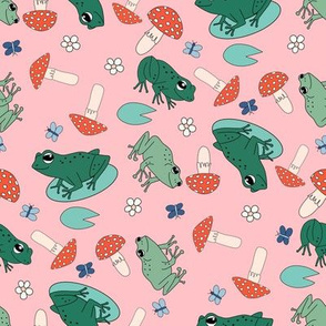 Frog and toadstool fabric - cute cottagecore design - Pink