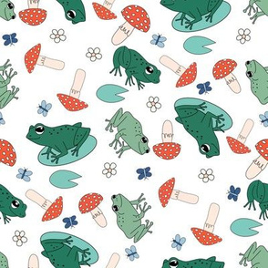 Frog and toadstool fabric - cute cottagecore design - White