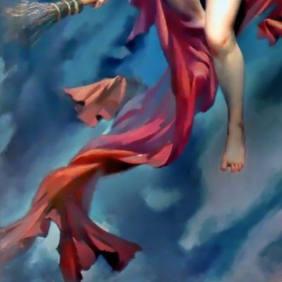 1 naked nude skyclad flying witches wicca paganism inspired broom occult sky night clouds torches red fire long hair robes occult red blue bats lady Halloween beautiful woman fantasy art ritual nudity erotic sexy sabbath portrait painting magic