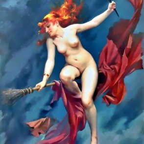 1 naked nude skyclad flying witches wicca paganism inspired broom occult sky night clouds torches red fire long hair robes occult red blue bats lady Halloween beautiful woman fantasy art ritual nudity erotic sexy sabbath portrait painting magic