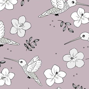 Hummingbirds and hibiscus flowers boho Hawaii inspired aloha nursery design mauve purple white