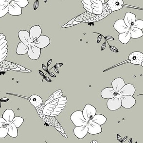 Hummingbirds and hibiscus flowers boho Hawaii inspired aloha nursery design mist green light white 