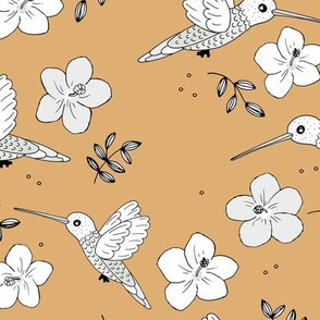Hummingbirds and hibiscus flowers boho Hawaii inspired aloha nursery design mustard ochre yellow white