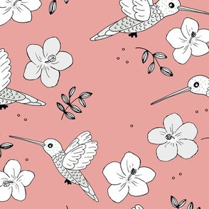 Hummingbirds and hibiscus flowers boho Hawaii inspired aloha nursery design soft pink white