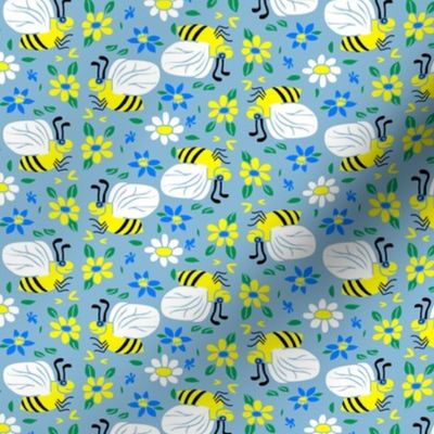 Happy Bees on Blue