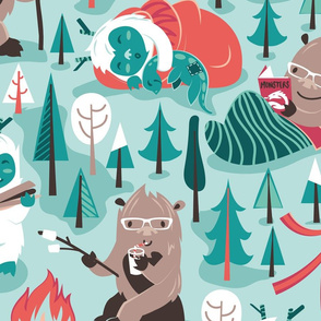 Large jumbo scale // Besties // aqua background white Yeti brown Bigfoot green and teal pine trees red and coral details