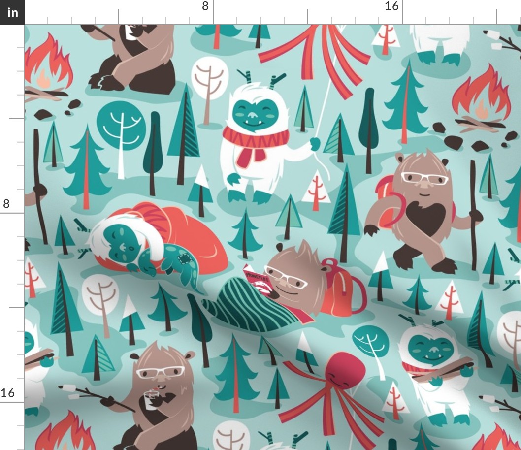 Normal scale // Besties // aqua background white Yeti brown Bigfoot green and teal pine trees red and coral details